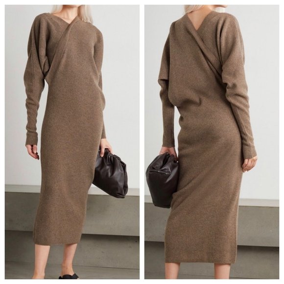 LVIR Dresses & Skirts - LVIR Unbalance Ribbed Knit Wool Cashmere V-Neck Midi Dress Women's Size Medium